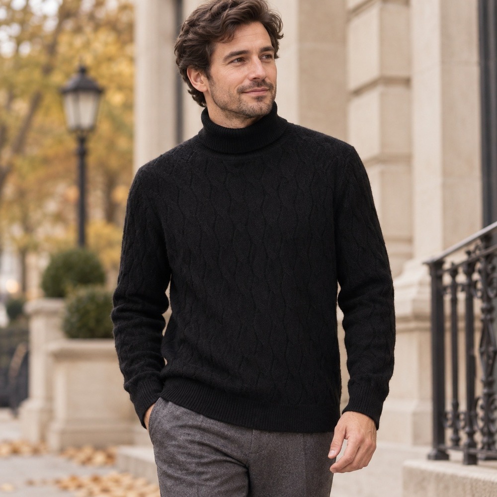 Vintage Pendleton 100% Alpaca Cable Knit Turtleneck Sweater Men's L Black